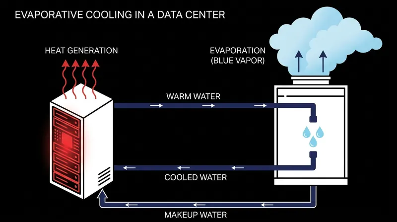 Evaporative cooling towers are highly energy-efficient but physically consume millions of gallons of water by evaporating it into the atmosphere.
