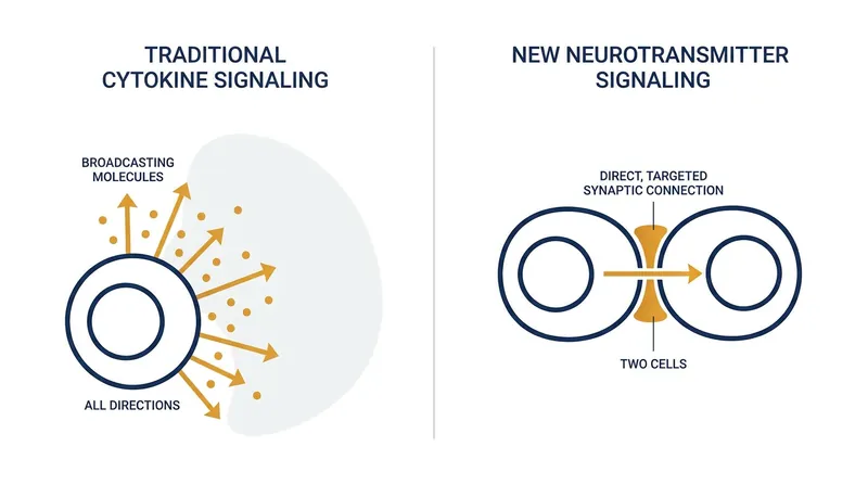 Unlike traditional immune signaling, neurotransmitter exchange provides a direct, high-speed communication channel.