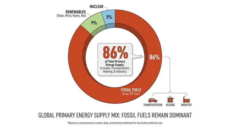 While the electricity grid is greening, fossil fuels still dominate total primary energy use.