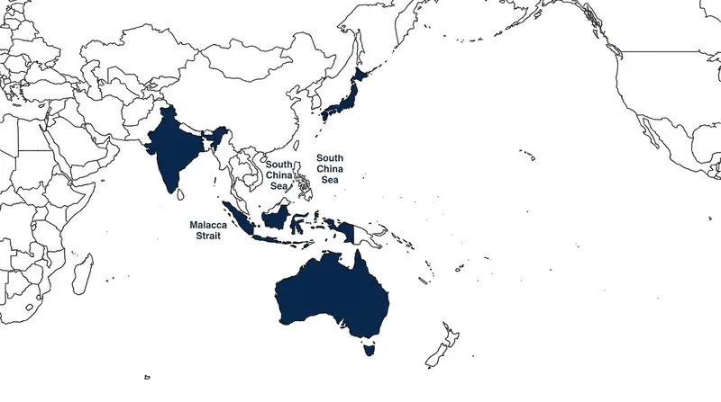 The geographic distribution of the bloc surrounds critical maritime chokepoints like the Malacca Strait.