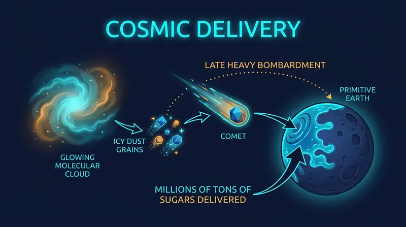 Comets and asteroids likely delivered millions of tons of interstellar sugars to early Earth, providing the raw materials for life.