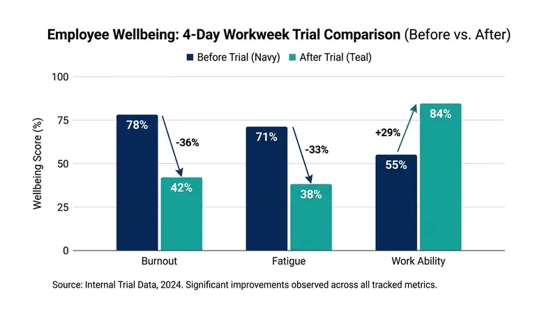 Employees reported massive gains in self-assessed work ability and sharp declines in chronic fatigue.