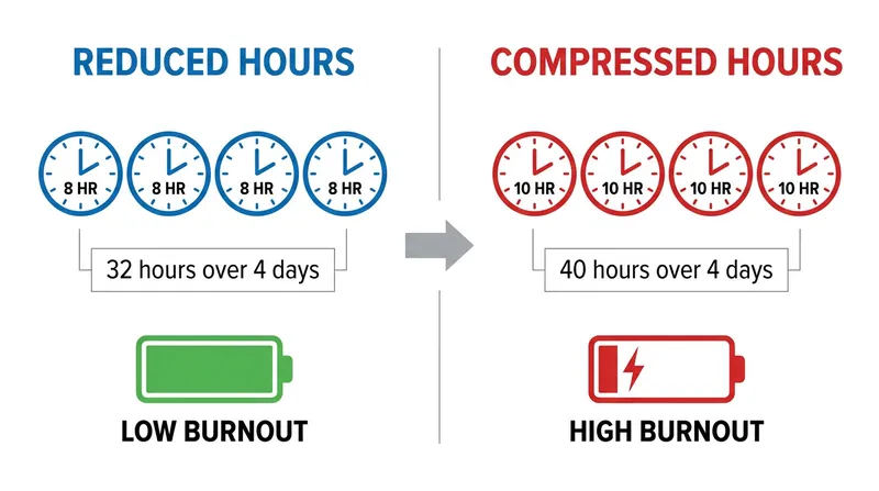 Data shows that cramming 40 hours into four days actually increases burnout; true benefits require reducing total hours.