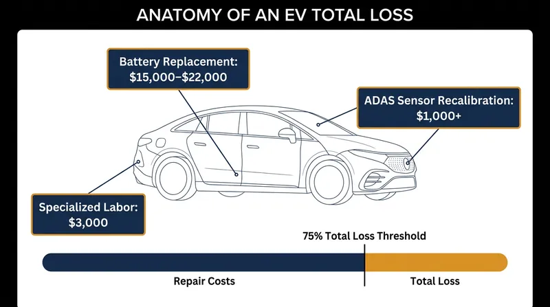 How a minor collision quickly pushes an electric vehicle past the insurance total loss threshold.