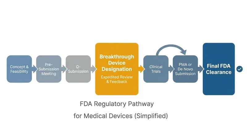 Breakthrough Device designation expedites FDA review, but the therapeutic must still complete pivotal clinical trials before public release.