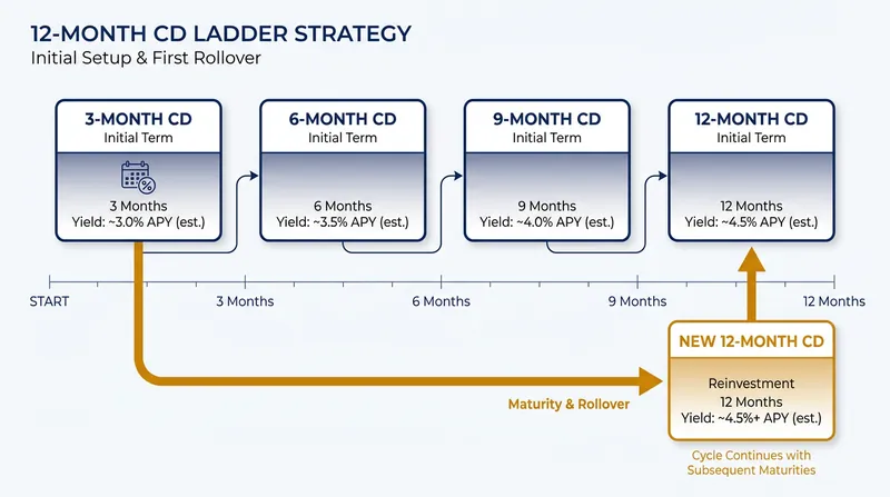 The mechanics of a CD ladder: staggered initial investments eventually roll over into continuous 12-month terms, providing quarterly liquidity.