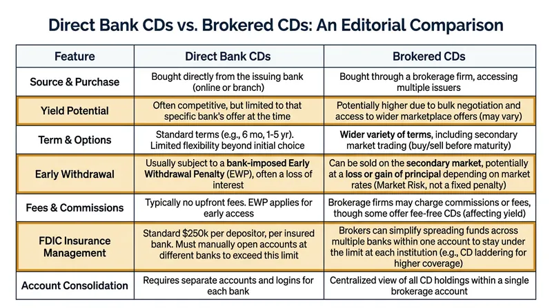 Brokered CDs offer centralized management and potentially higher yields, but lack traditional early withdrawal options.