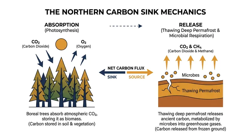 How the northern land carbon sink balances carbon absorption against emissions from thawing permafrost.