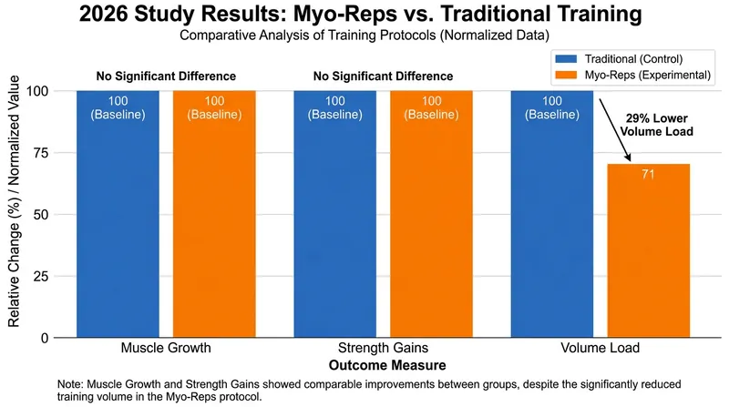 Despite performing 29% less total volume, the myo-reps group achieved identical strength and hypertrophy adaptations.