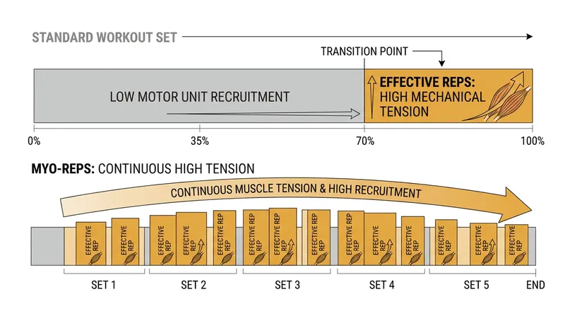 Myo-reps bypass the 'junk volume' of early repetitions, keeping the muscle in a state of high mechanical tension.