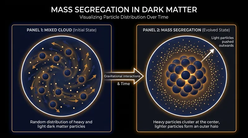 How mass segregation separates heavy and light dark matter particles over cosmic time.