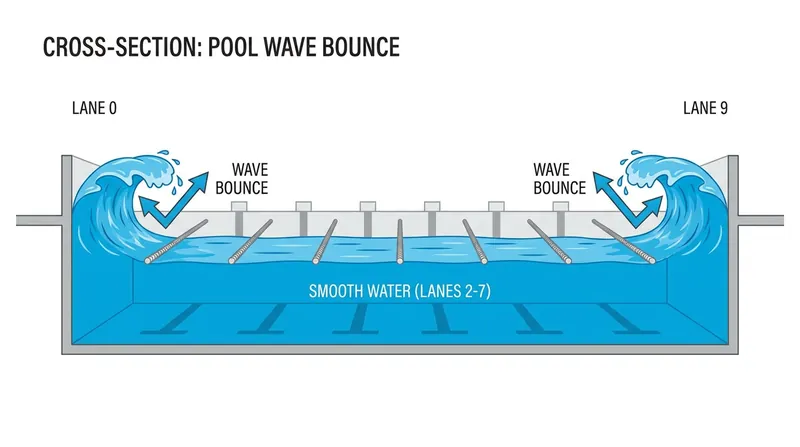 Swimmers in the outermost lanes must contend with 'wave bounce'—turbulence created when displaced water rebounds off the pool walls.