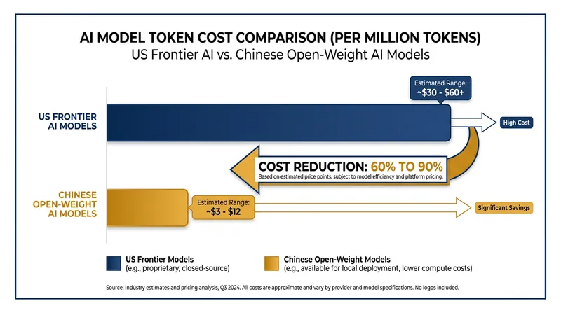 Chinese open-weight AI models currently offer a massive cost discount compared to US equivalents.