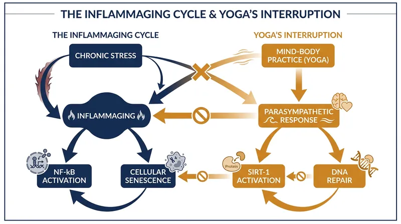By shifting the nervous system out of fight-or-flight, yoga interrupts the cycle of cellular senescence and chronic inflammation.