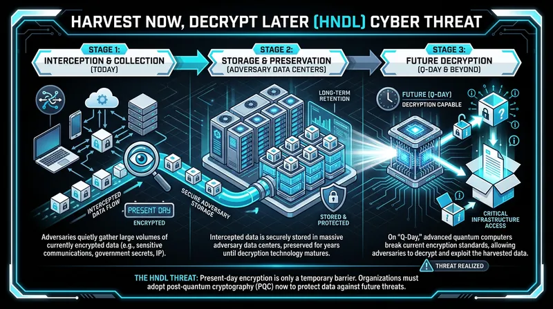 How adversaries use the 'Harvest Now, Decrypt Later' strategy to compromise long-term secrets.