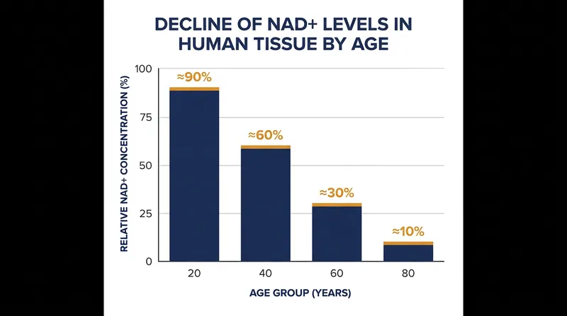 Human NAD+ levels decline by up to 50% between early adulthood and age 60.