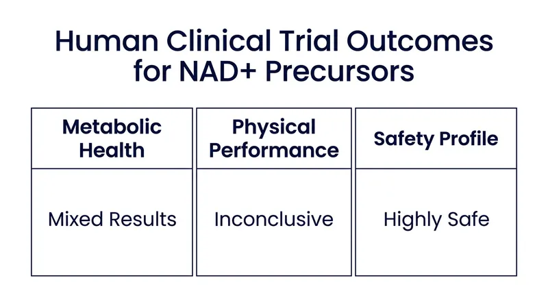 Current consensus on human clinical outcomes for NAD+ supplementation.