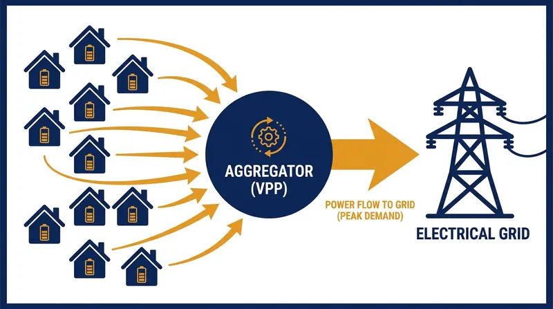Virtual Power Plants aggregate thousands of home batteries to stabilize the grid during emergencies.