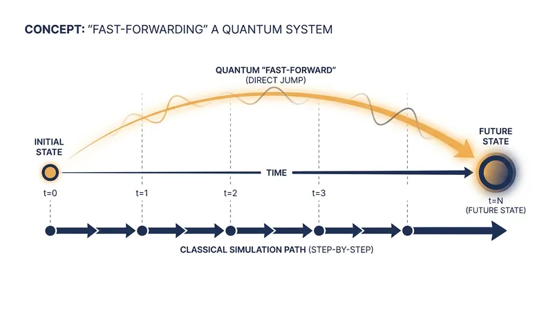 Fast-forwarding allows a quantum computer to jump directly to a system's future state without calculating intermediate steps.