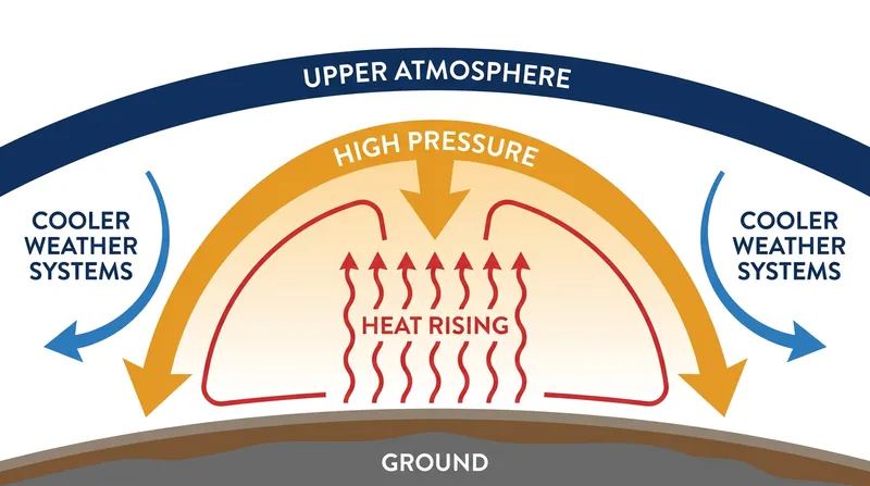 The atmospheric mechanics of a high-pressure heat dome trapping and compressing warm air.