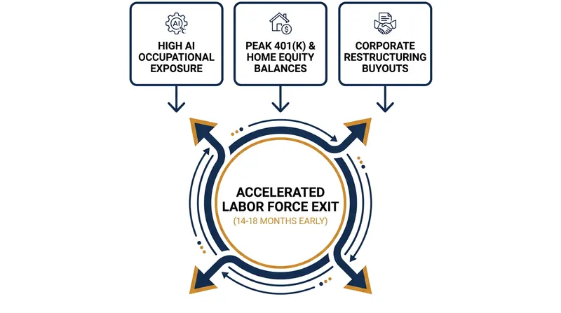 The convergence of peak market valuations and enterprise AI adoption is creating a unique financial off-ramp for late-career professionals.