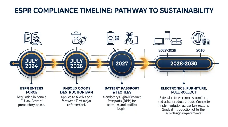 The ESPR rolls out through a phased timeline of delegated acts between 2026 and 2030.