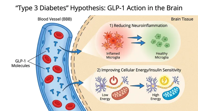 Researchers believe GLP-1 drugs cross the blood-brain barrier to reduce neuroinflammation and restore cellular energy to neurons.