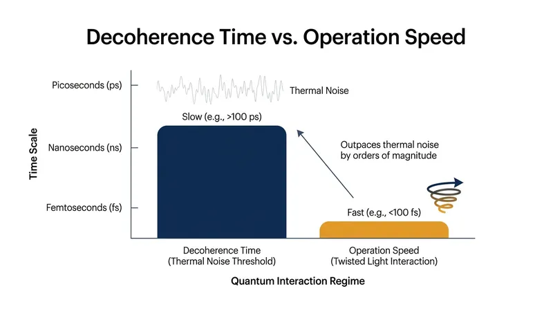 The twisted light interaction occurs fast enough to capture entanglement before thermal noise causes decoherence.