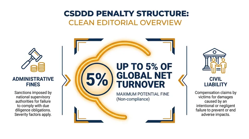 Non-compliance with the CSDDD carries severe financial penalties, including fines based on global revenue and civil liability damages.