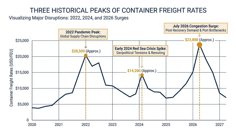 Container freight rates have reached their third-highest peak in modern history.