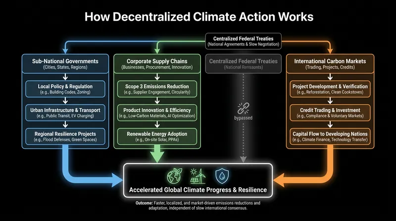 The architecture of global climate action is shifting from a single UN treaty to a multi-layered, decentralized system.