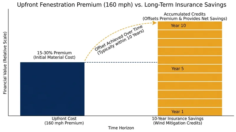 While impact-rated materials increase initial construction costs, they unlock significant wind mitigation credits on homeowners insurance.