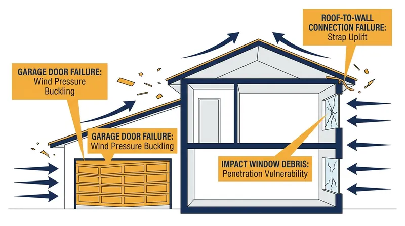 The building envelope acts as a single system; if a window or door fails, internal pressurization can cause the roof to blow off.