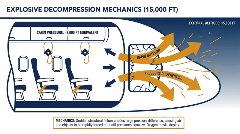 How pressure differentials cause explosive decompression when a cabin is breached.