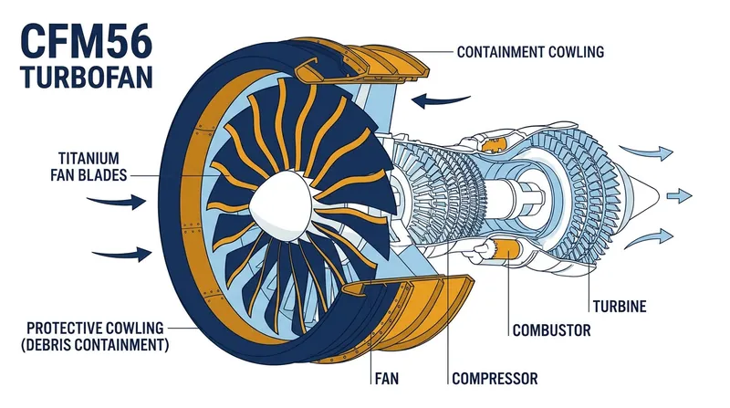 The anatomy of a turbofan engine and its containment casing.