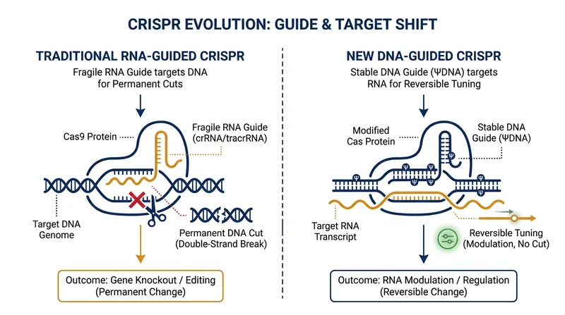 Unlike traditional CRISPR which makes permanent DNA cuts, the new system uses a stable DNA guide to reversibly tune RNA.