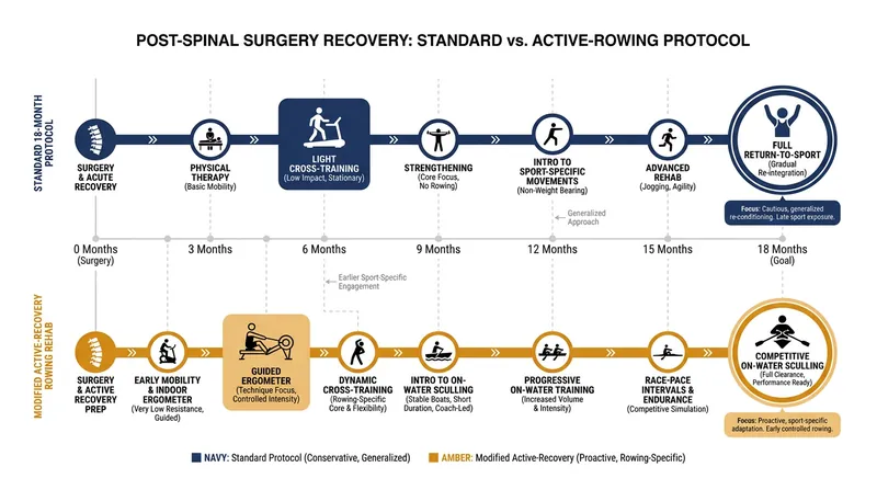 Modern sports medicine protocols prioritize active cross-training over complete rest to prevent muscle atrophy during spinal rehab.