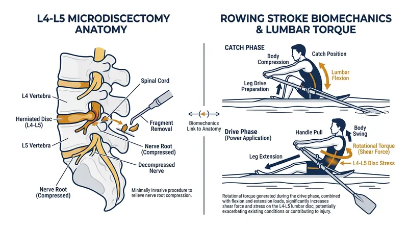Sweep rowing places immense rotational and compressive forces on the lower back, making recovery from a herniated disc particularly challenging.