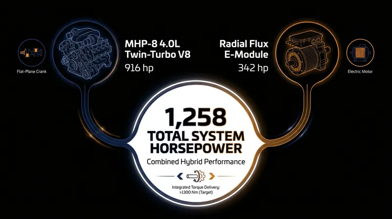 The W1's hybrid system pairs a high-revving V8 with a lightweight electric motor mounted to the transmission.