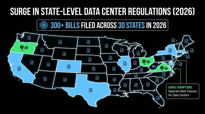 State legislatures have aggressively moved to regulate data center energy usage in 2026.