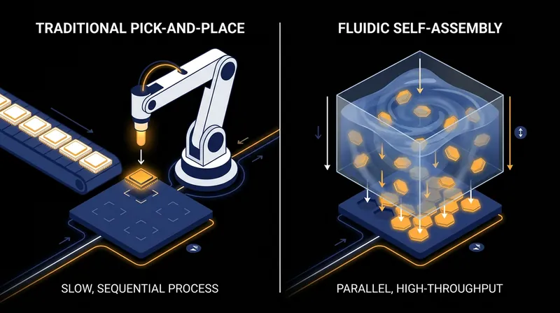 Fluidic assembly uses capillary forces and fluid dynamics to slot millions of LEDs into place simultaneously.
