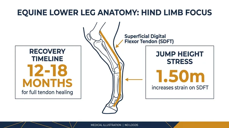 The superficial digital flexor tendon acts as a primary shock absorber and requires 12 to 18 months to fully heal after a tear.