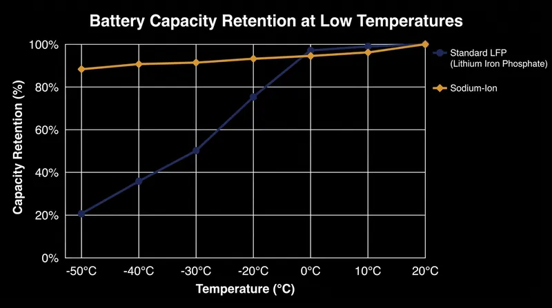 Unlike traditional lithium chemistries, sodium-ion cells maintain nearly their full capacity even in extreme freezing conditions.