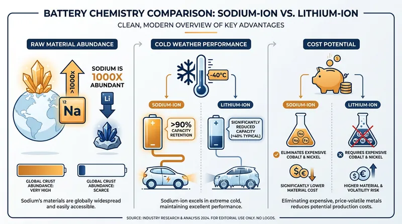 Sodium-ion batteries trade slight reductions in absolute energy density for massive gains in material abundance and cold-weather resilience.