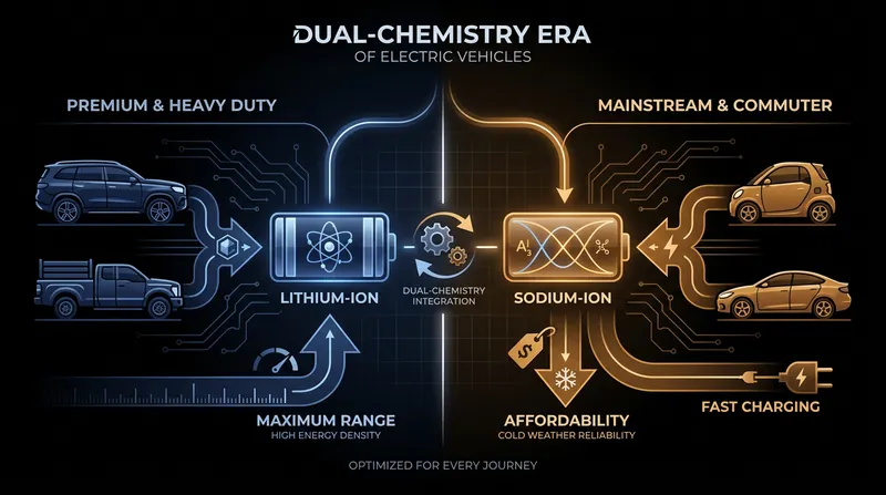 Automakers are adopting a dual-chemistry strategy, reserving expensive lithium for premium vehicles while using sodium to lower the cost of entry-level cars.