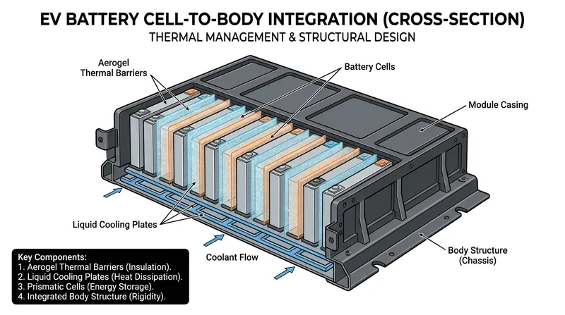 Advanced thermal management systems and aerogel barriers are used to isolate failing cells and prevent chain reactions.