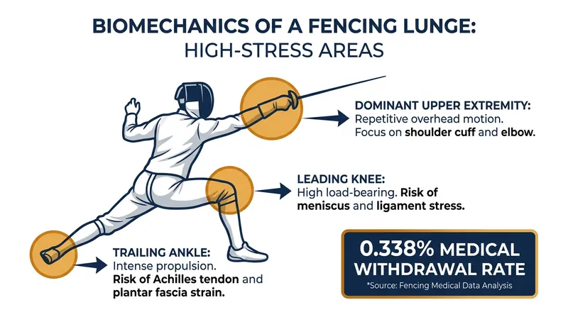 While acute injuries are rare, cumulative load on specific joints drives the majority of medical withdrawals in fencing.
