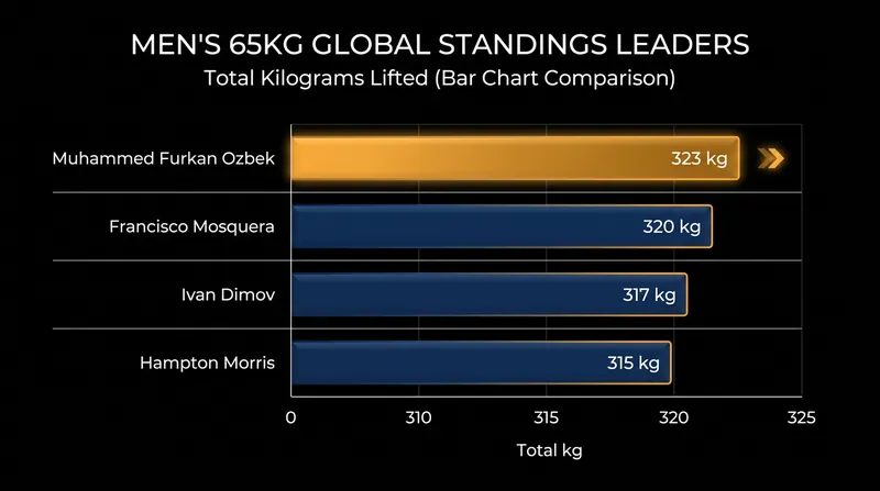 Current top totals in the Men's 65kg division following the 2026 spring continental championships.