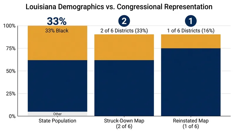 Louisiana's reinstated congressional map features one majority-Black district, despite Black residents comprising roughly one-third of the state's population.