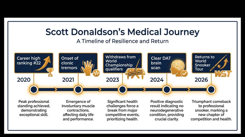 Timeline of Scott Donaldson's battle with an undiagnosed clonic tremor.